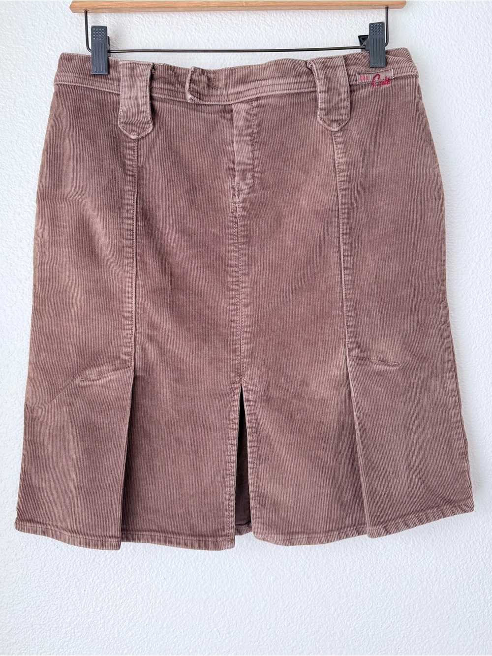 Vtg Y2K Blue Cult Corduroy Pleated Mini Skirt Tan Stretch Made in USA Size 28